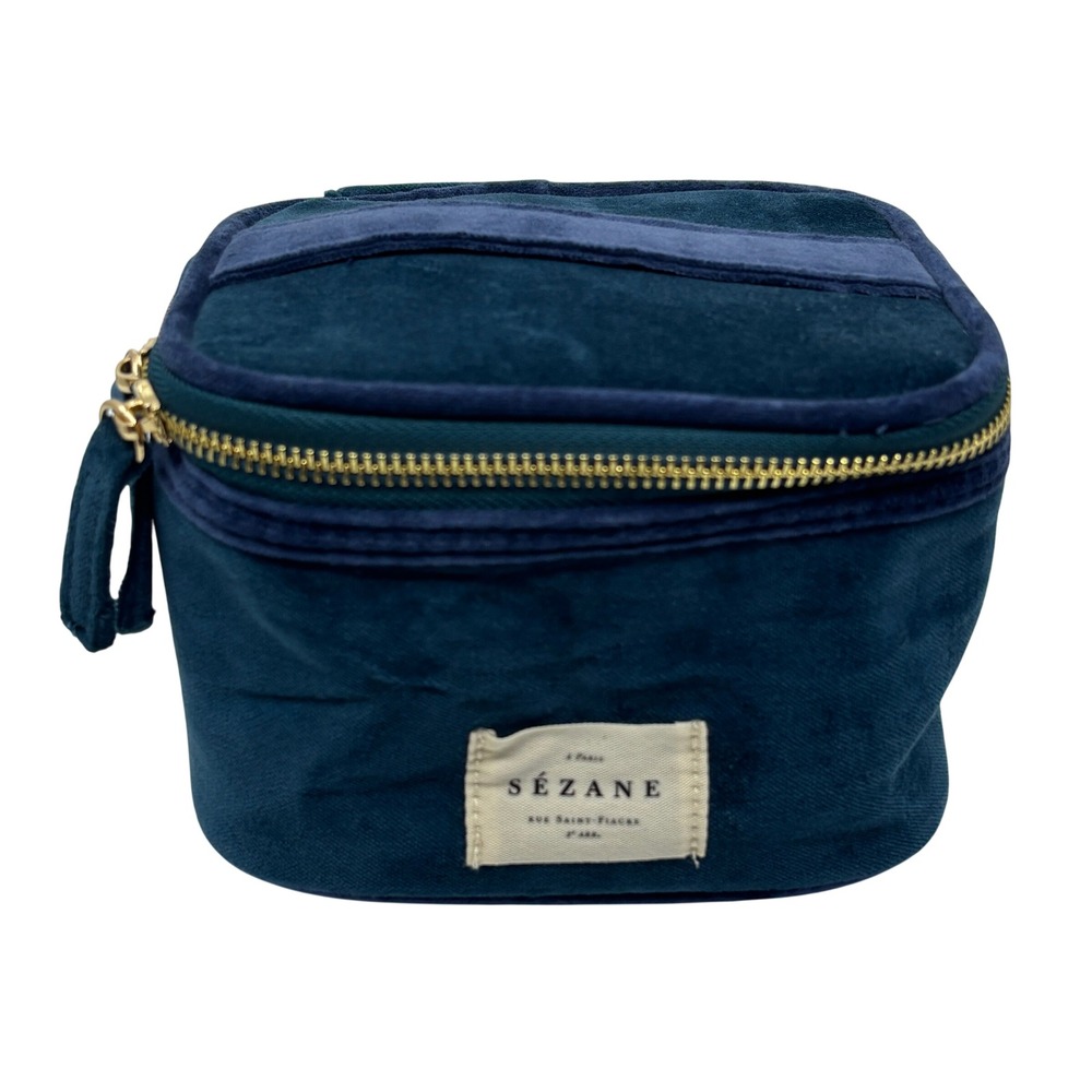 Sezane Teal Blue Cotton Velvet Vanity‎ Case Toiletry Makeup Bag Gold Hardware
